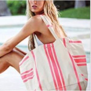 New Victoria's Secret Pink Stripe Large Canvas Weekender Beach Travel Tote Bag